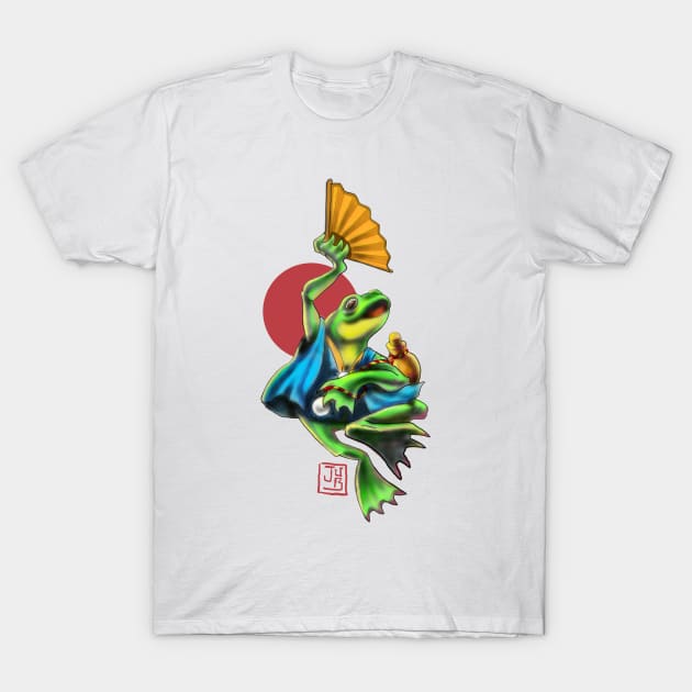 japanese sakè dancing toad with fan T-Shirt by Jub 